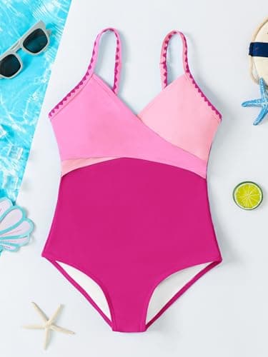 AMAWMW Kids Girls One Piece Swimsuits Contrast Color Cross Bathing Suit Adjustable Straps Girls Swimwear Rose Red 9-10Y - Thumbnail 6