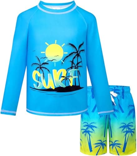 Belovance Boys Two Piece Rash Guard Swim Set Kids Long Sleeve Bathing Suit Swimwear Shirt with Trunks Swimming Suits Surfing Beach Clothes Quick Dry Size 11 12 Blue Yellow - Image 1