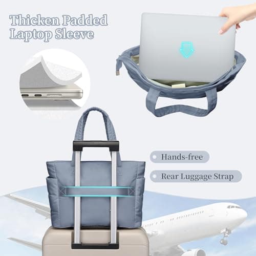 JHhomezeit Puffer Tote Bag for Women-Large Work Tote Bags Quilted Lightweight Puffy Bags Shoulder Bag with Laptop Compartment Blue - Thumbnail 4