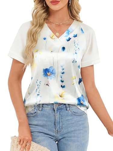 Funlingo Spring Tops for Women Trendy Silk Short Sleeve Shirts Satin V Neck Floral Blouses Summer Fashion Clothing Vacation Tshirts L - Image 1