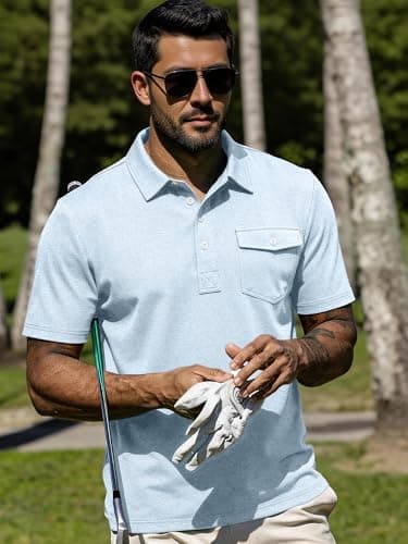 JEMLDL Mens Summer Shirts 4 Buttons Casual Vacation T Shirts Quick Dry Short Sleeve Golf Tops Outdoor Performance Light Blue M - Thumbnail 4