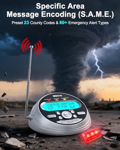 Emgykit MD319 NOAA Weather Alert Radio with S.A.M.E Localized Programming, 23 County Codes & 80+ Emergency Alerts, Battery Backup, Alarm Clock, External Antenna and Warning Light for Home & Emergency - Thumbnail 2