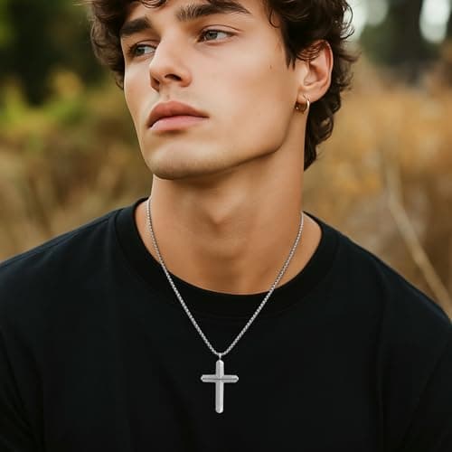 Stainless Steel Cross Necklace for Men, Silver Black gold plated Cross Pendant Jesus Necklace Chain, Non Tarnish Sturdy Mens Christian Jewelry Gifts for Him Baptism Confirmation Birthday, 24 Inch - Thumbnail 2