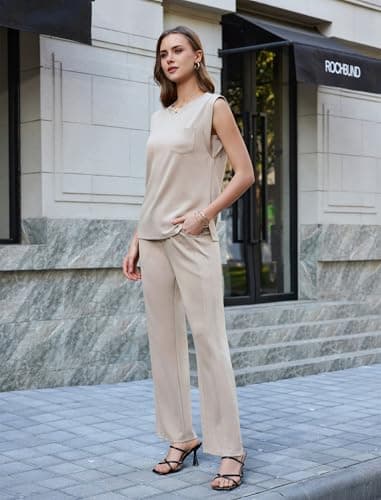difficort Travel Sets for Women 2 Piece Vest Sleeveless Tops Long Pants Business Casual Outfits Summer,Beige,XX-Large - Thumbnail 3