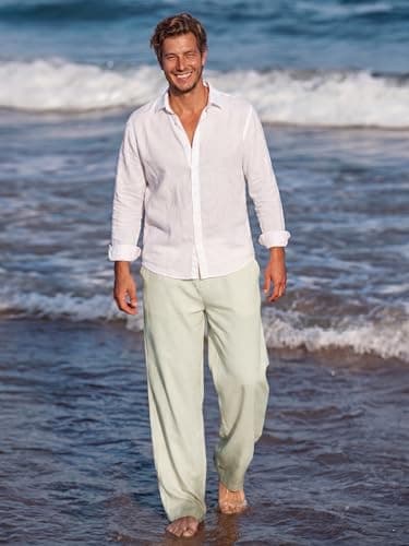 Areant Mens Lightweight Summer Pants Baggy Loose Fit Breathable Casual Sweat Pants Elastic Waist Drawstring for Beach Vacation Lounge Beige Large - Thumbnail 5