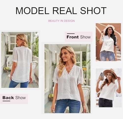 Dokotoo Womens Ladies 2026 Summer Sexy Lace Crochet V Neck Short Sleeve Pom Pom Boho Shirts Casual Loose Solid Chiffon Blouses for Women Tops White X-Large - Thumbnail 4