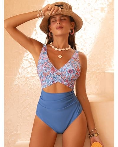 GRAPENT Womens Swimsuit Swim Suit Modest Swimsuits Cutout One Piece Women Bathing Suits Floral Wear One Piece Swimsuit Women, Mykonos Blue Pink Floral, XL, US Size 16 to 18 - Thumbnail 2