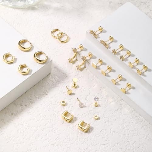 HILXURY 12 Pairs 14K Gold Plated Flat Back Hypoallergenic Earrings for Women Men Surgical Stainless Steel Earrings for Sensitive Ears Small Gold Stud Hoop Cartilage Earring Stack Set for Multiple Piercing Jewelry (Gold 01) - Thumbnail 6