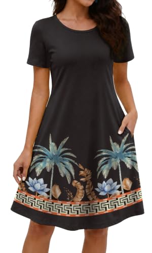 COSSEN Women's Summer 2026 Casual Tshirt Dress Black Trees Medium Crew Neck Short Sleeve with Pockets Flowy Loose Swing A-Line Sundress - Image 1