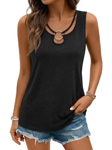 AUTOMET Women Cute Tank Tops Casual Sleeveless Sexy Cut Out Ring Keyhole Neck Trendy 2026 Summer Fashion Flowy Clothes Black S - Image 1