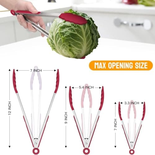 Tongs For Cooking - Heat Resistant 600 Degrees Stainless Steel Kitchen Tong,Heavy Duty Metal Locking Tongs - Perfect for Food,Salad and BBQ set of 3 (7",9" and 12") Dishwasher (Red) - Thumbnail 2