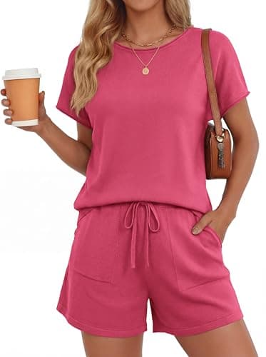 PRETTYGARDEN Two Piece Set For Women Summer Lounge Sets Shorts And Short Sleeve Tops Knitted Matching Travel Vacation Spring Outfits (Rose Red,S)