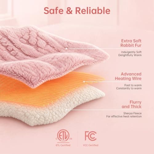 ESTINGO Electric Blanket Throw - 50x60 Rabbit Faux Fur Heating Blanket Throw 4 Hours Auto-Off 5 Heat Levels Overheat Protection Luxury Faux Fur Sherpa Heated Blanket ETL Certification, Candy Pink - Thumbnail 6
