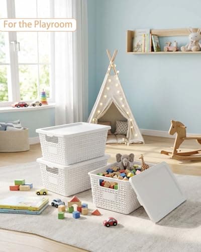 VEGITERIA Plastic Storage Baskets with Lids [6-Pack] – Stackable Organizing Bins with Secure Snap-On Lids for Pantry, Bathroom & Closet | 11"x7"x5" Bins Hold 25lbs, Dustproof & Water-Resistant, White - Thumbnail 5
