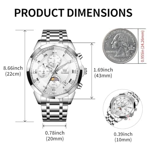 OLEVS Watch Men Luxury Sliver Stainless Steel Dress Waterproof Wrist Watches for Men Classic Analog Quartz Moon Phase Chronograph Battery Luminous Men Watch Relojes De Hombre - Thumbnail 4