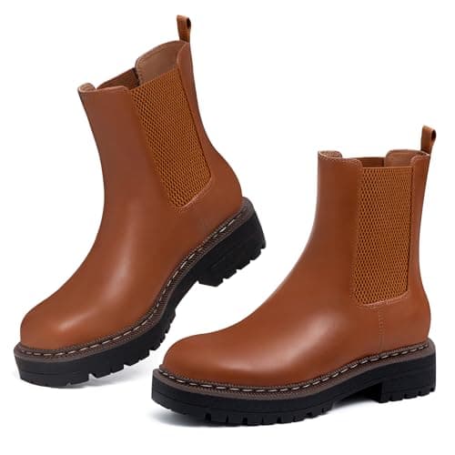 Athlefit Chelsea Ankle Boots for Women Platform Lug Sole Brown Boots Comfortable Slip On Fall Dress Short Booties Size 7 - Thumbnail 5