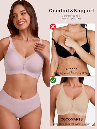 COCOMARTS Jelly Bras for Women No Underwire Push Up Deep V Mesh Comfort T Shirt Bralette Wireless Seamless Everyday Bra Pink XX-Large - Thumbnail 5