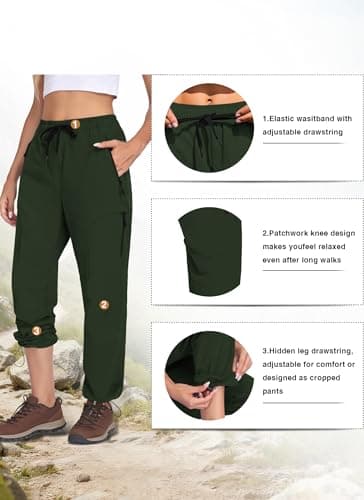 Hiking Pants Women Water Resistant UPF 50 Lightweight Quick Dry Cargo Travel Pants with 5 Zipper Pockets QYY25038 Army Green M - Thumbnail 2
