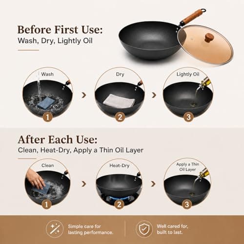 WANGYUANJI Carbon Steel Wok Pan with Lid, 12.6 Inch Flat Bottom Wok for Induction, Gas & Electric Stoves, Chinese Stir Fry Pan with Detachable Wooden Handle - Thumbnail 5