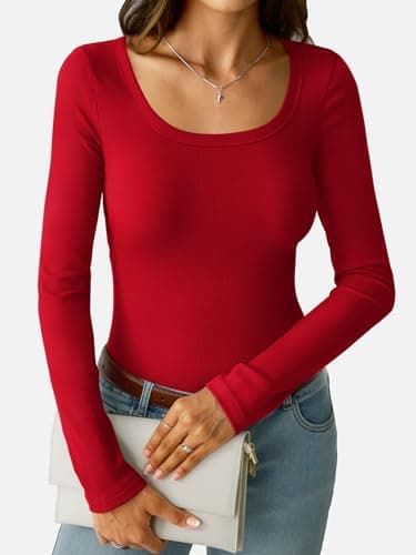 GKBK Ribbed Long Sleeve Tops for Women Scoop Neck Fitted Basic Tight T-Shirts Cute Layering Tops Lightweight Fall Sweaters 2025 Fashion Outfits Winter Clothes Red - Thumbnail 3