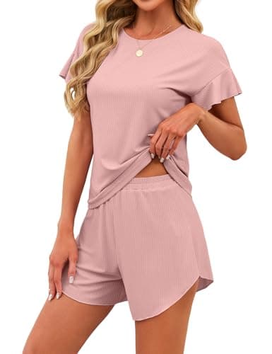 JUSTFASHIONNOW Women's Pajama Set Ruffle Sleeves Top and Short Soft 2 Piece Loungewear Set Pink - Image 1