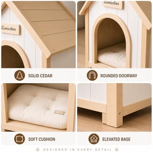 Lumicedar Indoor Dog House for Small Dogs, Solid Cedar Wood Dog House Indoor, A-Frame Wooden Dog House, Arched Door & Soft Dog Bed, Dog House for Dogs & Cats(Natural, 21.7" L x 23.6" W x 27.6" H) - Thumbnail 6