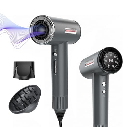 Hyper-Speed Hair Dryer, 180,000 RPM Brushless Motor for 1min Fast Drying, Dual Voltage Travel Blow Dryer with Diffuser & Concentrator, 600M Negative Ions for Frizz-Free Shine, HD Screen, Gunmetal - Image 1