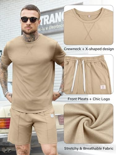 JEMLDL Mens 2 Piece Summer Outfits Short Sleeve Shirt and Shorts Loungewear Sets Casual Comfortable Travel Tracksuit Taupe M - Thumbnail 2