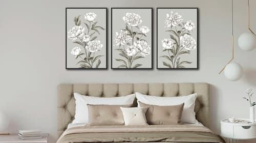 Large Framed Floral Wall Art, Elegant Blossom Plants Wall Pictures 24"x36" Set of 3 Light Grey Botanical Painting Prints Botany Peony Canvas Artwork for Living Room Bedroom Home Office Decor - Thumbnail 3