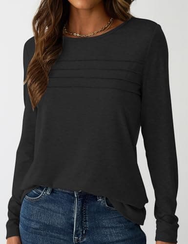 NORACORA Womens Tops Long Sleeve T Shirts Dressy Casual Spring Fall Outfits Pleated Front Shirts Round Neck Casual Tunic Basic Tee Tops Black L - Thumbnail 2