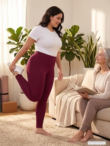AusLook Plus Size Burgundy Leggings for Women 26 Inch High Waisted Tummy Control 2X Yoga Pants Soft Stretch Workout Lounge Pants - Thumbnail 2