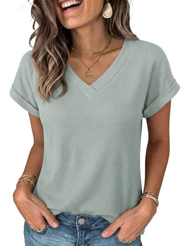 ANRABESS Womens Waffle Knit Tops 2026 Summer Casual Short Sleeve V Neck T Shirts Basic Work Tee Spring Vacation Blouses Green Large - Image 1