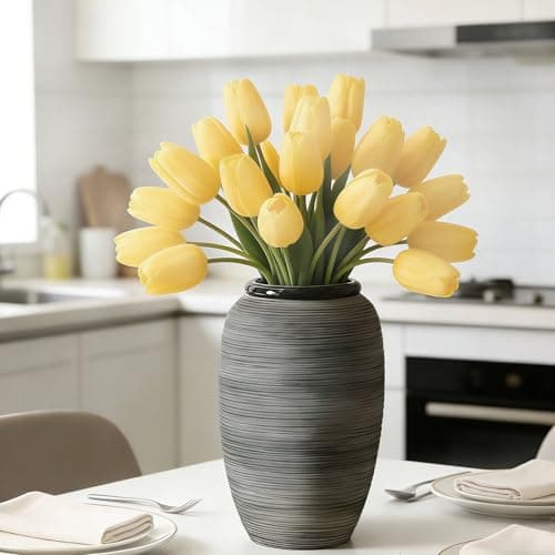 ALMA 12'' Tall Wide Mouth Flower Vase, Black Large Ceramic Vase for Table Centerpieces, Grey Boho Vase for Living Room, Farmhouse, Entryway, Mantel, Bookshelf, Home Decor - Thumbnail 3