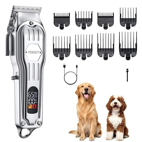 VOXGET Dog Clippers for Grooming Thick Hair, Upgrade Low Noise Pet Shaver Kit with 8 Size Combs for Dogs Cats Pets, Rechargeable Cordless Quiet Dog Trimmer for Heavy Curly Hair Coats (Silvery) - Image 1