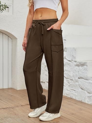 Dokuritu Barrel Sweatpants Women Casual Drawstring Elastic Waist Wide Leg Sweatpant with Pockets Lounge Baggy Pants Coffee - Thumbnail 4