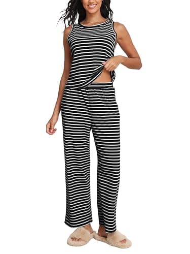 COCOMARTS Womens 2 Piece Lounge Sets Casual Striped Pajama Sets Sleeveless Tank Top and Wide Leg Pants Matching Outfits 2025 Black Small - Image 1