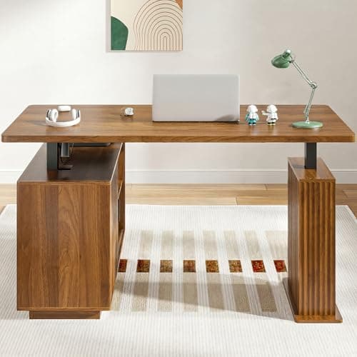 Electric L Shaped Standing Desk with Storage, 55 x 47 Inch Mid Century Modern Corner Sit Stand Up Desk, Wooden Adjustable Height L Office Desk Computer Executive for Home, Laptop, Fluted, Walnut - Thumbnail 5