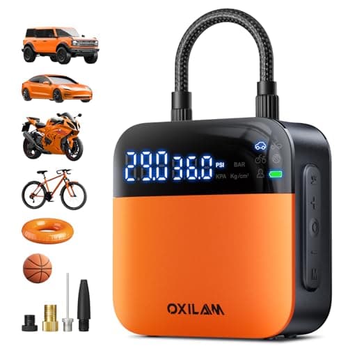 OXILAM C2 Tire Inflator Portable Air Compressor - 150PSI 4X Faster Air Pump for Car Tires with Tire Pressure Gauge, 12V Car Power Adapter, For Cars, Motorcycles, Bikes, Balls and More - Image 1