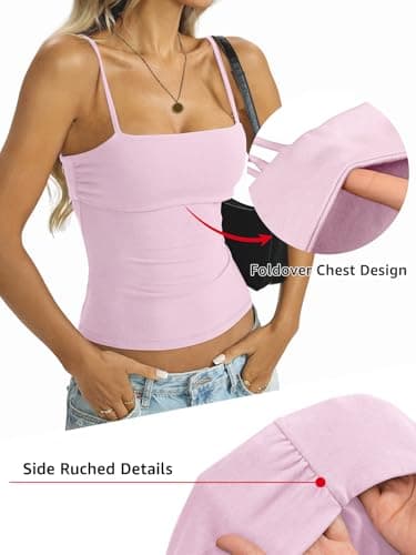 EasyGala Womens Cotton Foldover Tank Tops Sexy Square Neck Spaghetti Strap Cami Basic Summer Low Cut Camisole Fitted Y2K Trendy Going Out Shirts 2026 Baby Pink X-Small - Thumbnail 3
