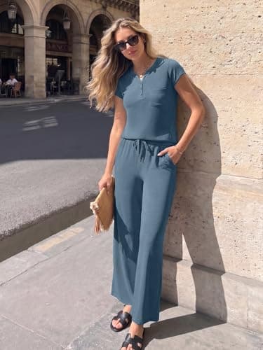Casly Lamiit Summer Outfits for Women 2 Piece Set Matching Lounge Vacation Travel Set Spring Casual Cap Sleeve Tops Leisure Drawstring Crop Pants Blue Grey XS - Thumbnail 2