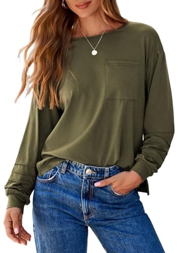 Dokotoo Spring Outfits for Women 2026 Crew Neck Long Sleeve Shirts Dressy Casual Side Slit Green Tops Trendy Business Casual Womens Tops with Pocket Large - Image 1