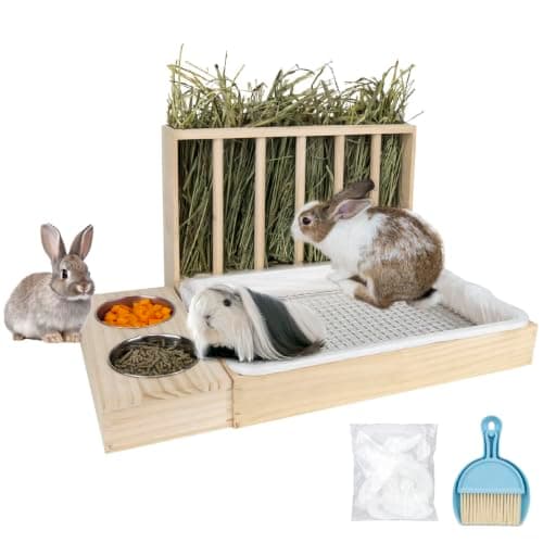 BESNEW 3 in 1 Rabbit Hay Feeder with Litter Box,Upgraded Wooden Hay Feeder Set for Guinea Pig Chinchilla Bunny Other Small Animals,Quick Cleaning & Large Capacity & Preventing Waste