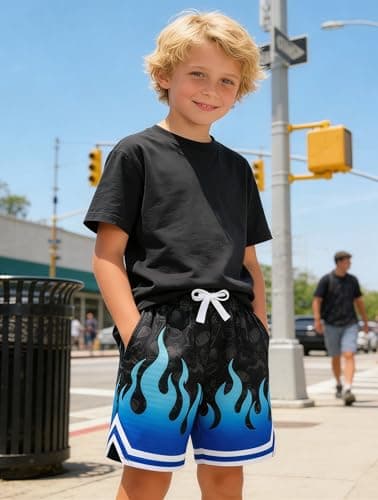 Cozople Boys Sports Shorts Fashion Blue Flame Print Football Shorts Quick Dry UPF Active Shorts with Pockets - Thumbnail 2