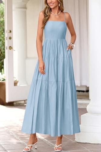 Okiwam Women's Summer Dress 2026 Casual Boho Sleeveless Spaghetti Strap Smocked Maxi Dress Ruffle Long Beach Sundresses-XL Blue - Thumbnail 4