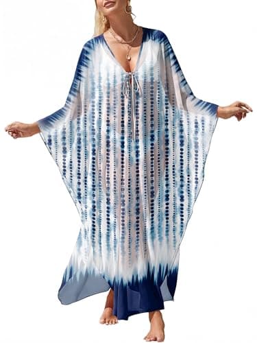 ANRABESS Women Kaftan Moo Moos Dresses Floral Batwing Sleeve V Neck Beach Swimsuit Cover Up Caftan Maxi Dress Blue White Floral Medium - Image 1