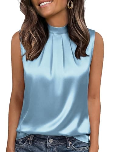 Funlingo Satin Tank Tops for Women Mock Neck Sleeveless Camisoles Dressy Casual Blouses Going Out Evening Party Cute Shirts Sky Blue L - Image 1