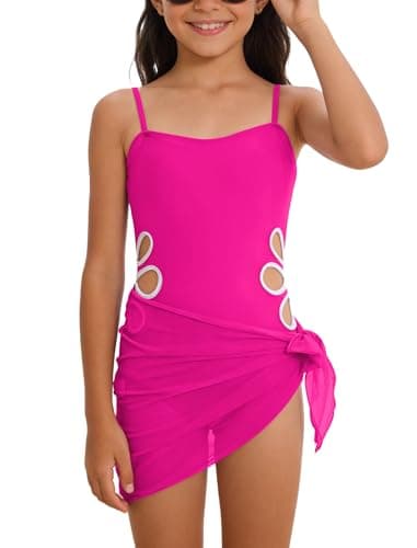 IBTOM CASTLE Kids Girls Swimsuit Adjustable Straps Swimwear Cutout One Piece Bathing Suit with Cover Up Skirt Hot Pink 13-14 Years - Image 1
