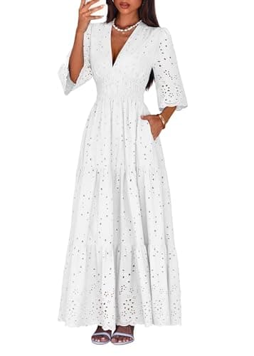 Lazysmile Long Sleeve Dresses for Women V Neck Hollow Out Eyelet Ruffle Swing A-Line Fall Vacation Boho Maxi Dress White - Image 1