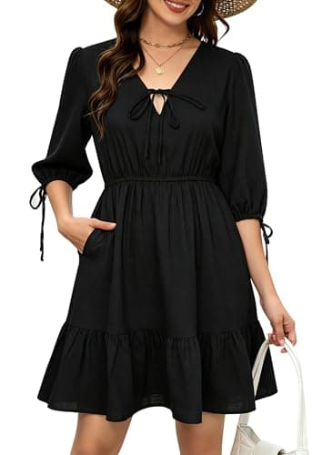 ECOWISH Women's Summer Mini Dress 2026 Tie Front V Neck 3/4 Sleeve A-Line Tiered Flowy Gingham Short Dresses with Pocket Black X-Large - Image 1