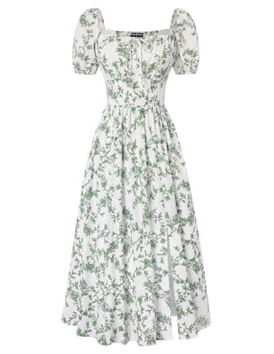 Scarlet Darkness Women's Floral Corset Dress with Split 2026 Summer Spring Square Neck Midi Milkmaid Dresses Vintage Green-Vine Floral M - Image 1